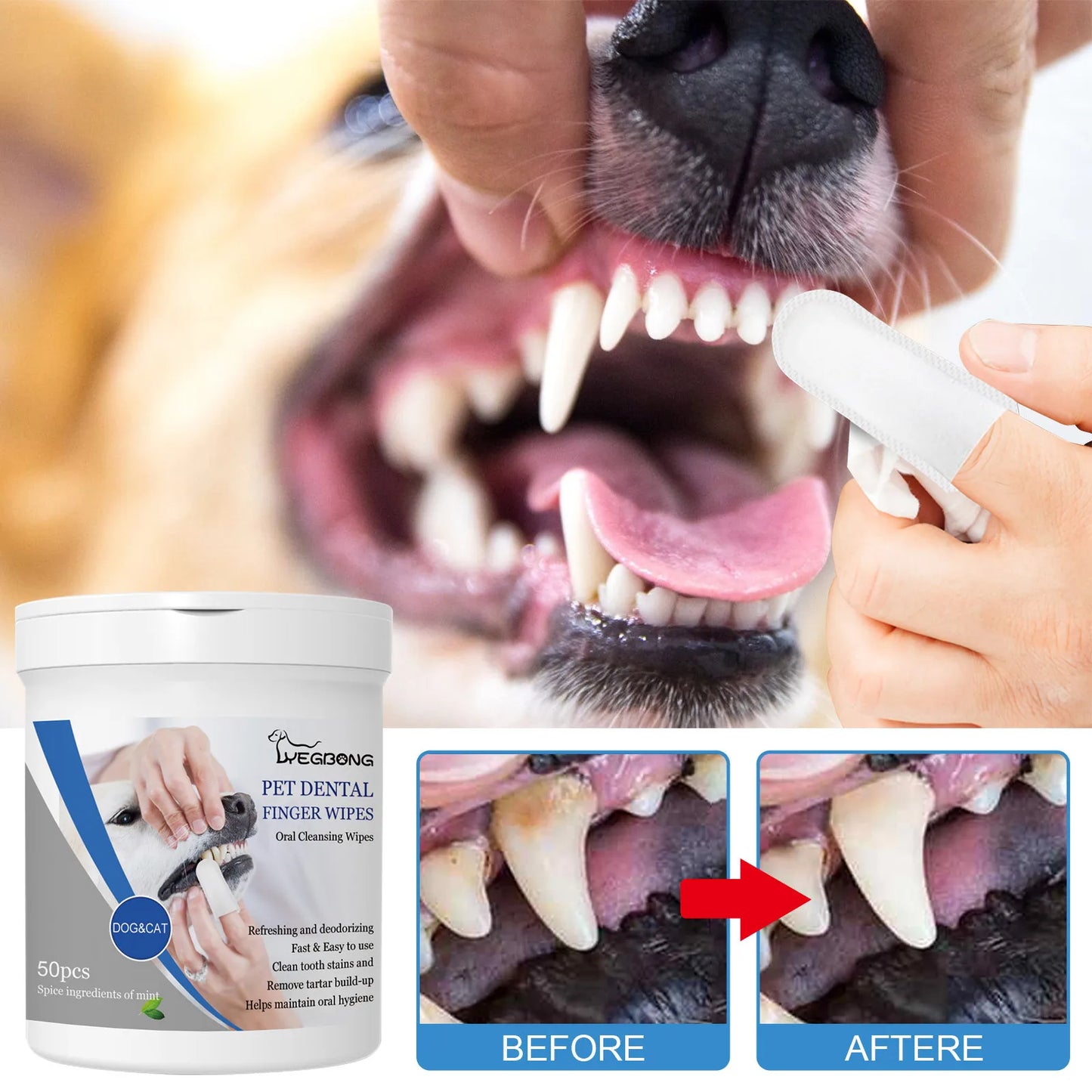 the DOGGY DENTAL WIPES - Teeth Cleaning Wipes for Dogs & Cats, Remove Bad Breath by Removing Plaque, Disposable Gentle Cleaning & Gum Care
