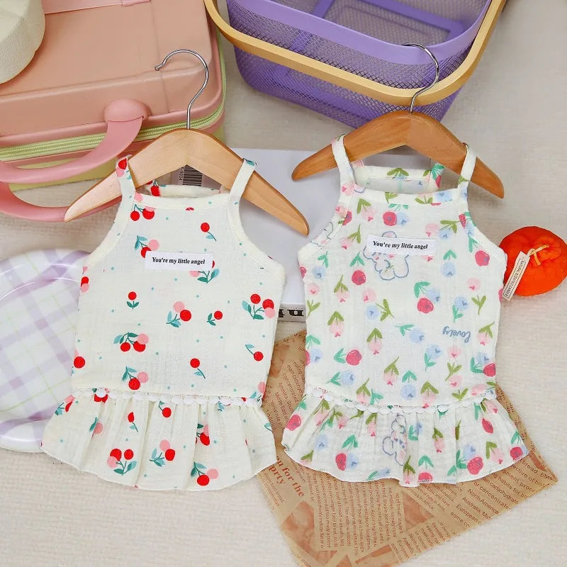 Cotton INS Cherry Pet Puppy Skirt Dog Clothes Small Dog Pomeranian Dresses Teddy Summer Floral Suspender Skirt Puppy Clothing