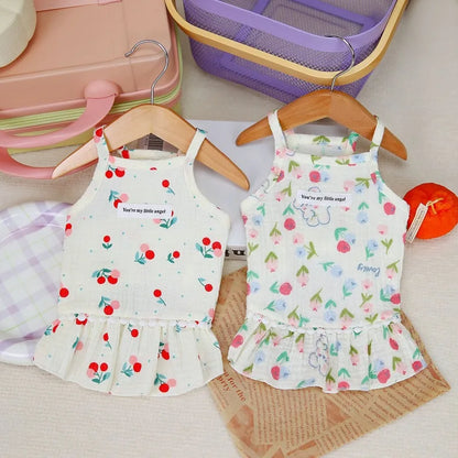 Cotton INS Cherry Pet Puppy Skirt Dog Clothes Small Dog Pomeranian Dresses Teddy Summer Floral Suspender Skirt Puppy Clothing