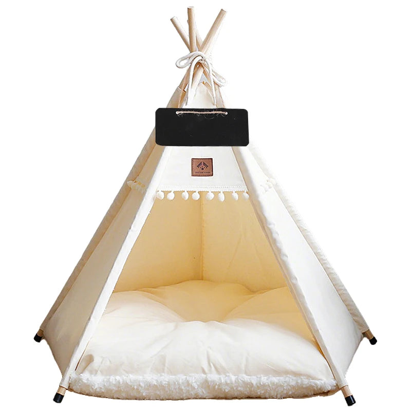 the BEIGE TEEPEE - Dog/Cat Teepee Pets Tent, Portable Dog Tent Bed with Plush Cushion, Soft Kennels Playhouse Removable and Washable Puppy Teepee