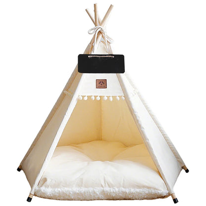 the BEIGE TEEPEE - Dog/Cat Teepee Pets Tent, Portable Dog Tent Bed with Plush Cushion, Soft Kennels Playhouse Removable and Washable Puppy Teepee
