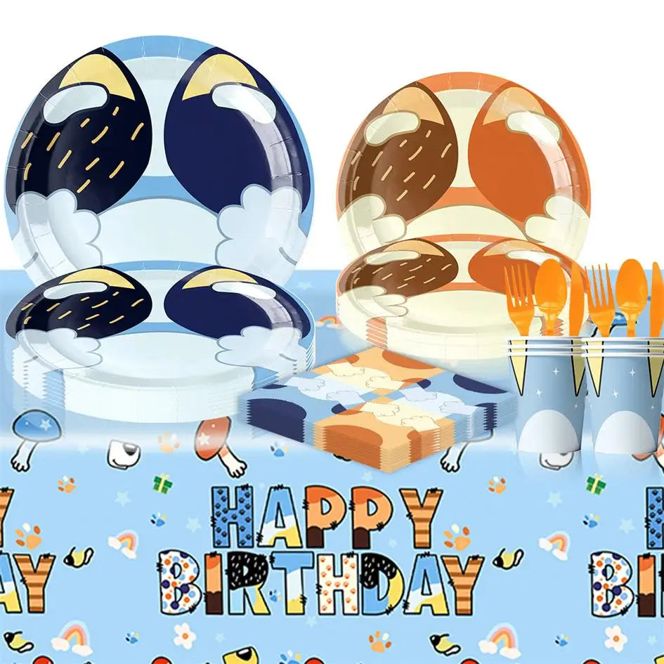 New Cartoon Dogs Birthday Party Decoration Full Set Kit Blue Dog Happy Birthday Plates Napkins Cups Tableware Supplies Kid Favor