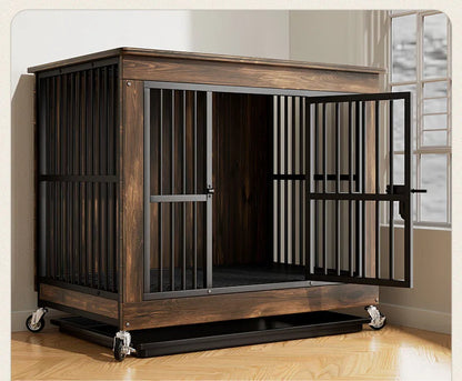 Reinforced Anti-Biting Dog Kennel Sturdy and Durable Wooden Round Pipe Dog Cage with Detachable Wheels Pet Bed