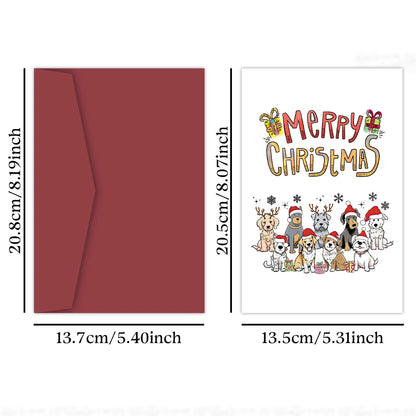 Festive Christmas Dogs Greeting Card,Cute Puppy with Santa Hat & Elk Horns Christmas Cards,Novelty Holiday Gift for Dog Lovers