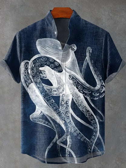 the CLIFFORD - Men's Short Sleeve Linen Shirt, 3D Fish Print Pocket Short Sleeve Shirt, Fashion Button Men's Shirt