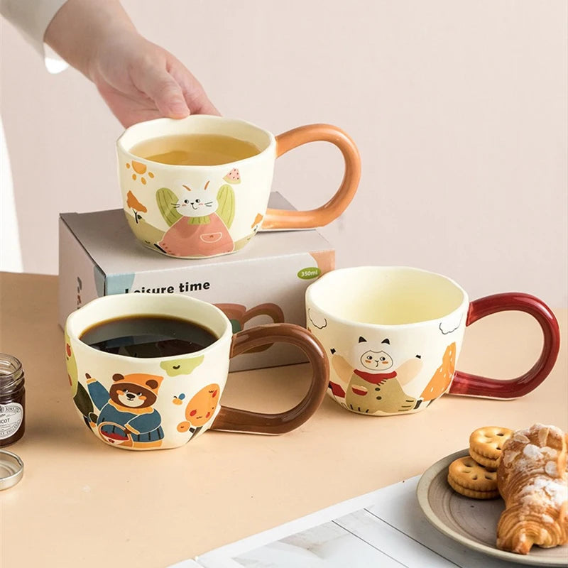 350ML Cartoon Hand Painted Bunny bear Coffee Cups Irregular Ceramic Mug Large Handle Home Office Milk Water Cup Kid's Gifts