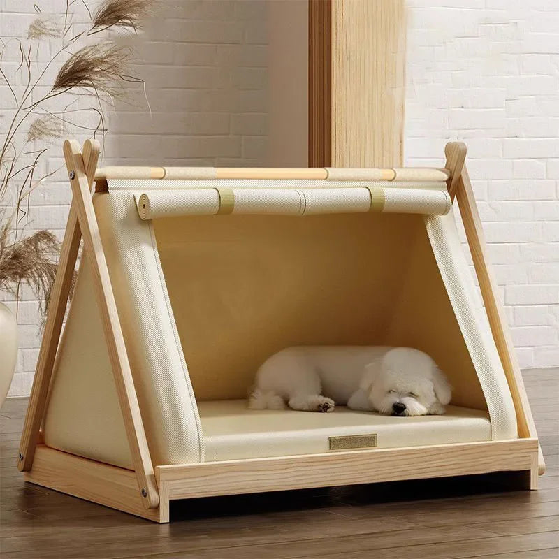 the POW-WOW PET BED - Wooden Oxford Cloth Dog Bed, Elevated Moisture-Proof Tent, Enclosed Safety House All-Season Dog Shelter with Frame Support