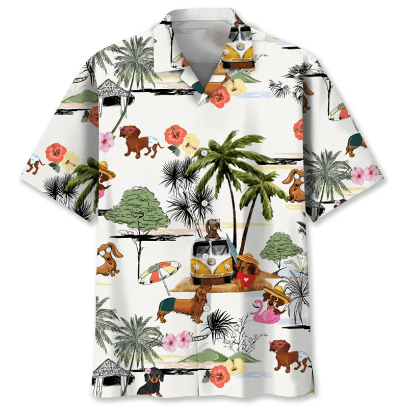 the DACHSHUND DOG DAY - Cartoon Dachshund Dog 3D Printed Shirt for Men, Animal Pets Graphics Short Sleeves Hawaiian Shirts, Tops Loose Lapel Blouse