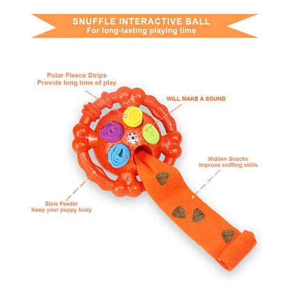 Dog Interactive Toy Colorful Tug Chew Ball with Treat Hiding Ropes, Beef Flavor, Fun Sound Play, Pet Training Stress Relief