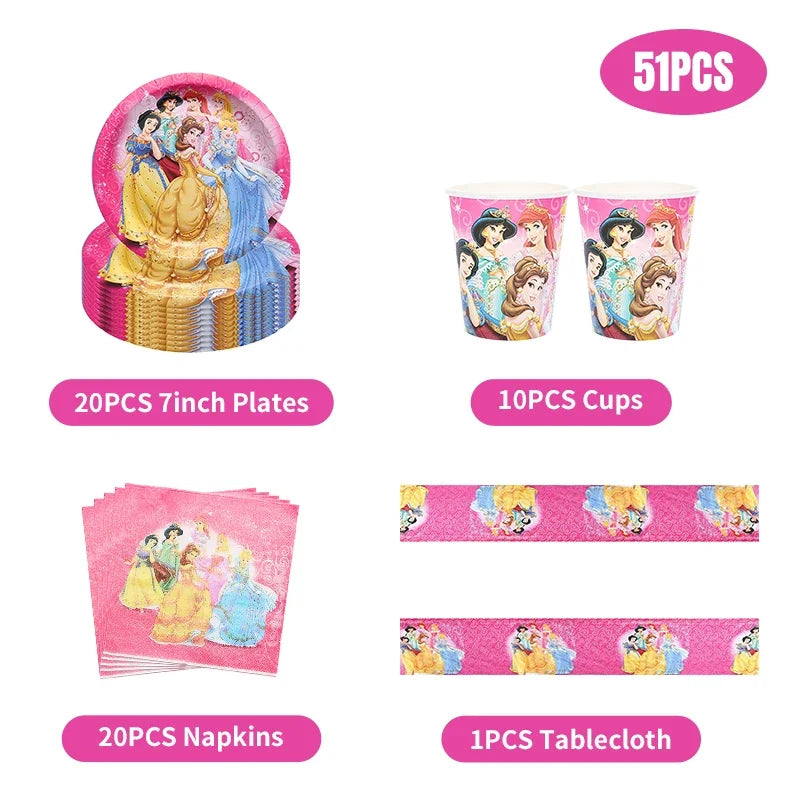 Disney Princess Birthday Decoration Tableware Paper Cups Plates Balloons Tablecloth Backdrop Banner Party Supplies For Baby Kids