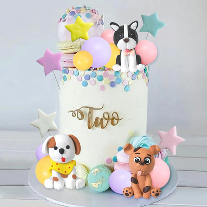 Dog Cake Topper Clay Figurines-Star&Ball Design with Paw Prints for Dog Birthday&Baby Shower,Yellow/Pink/Purple Pet Party Decor