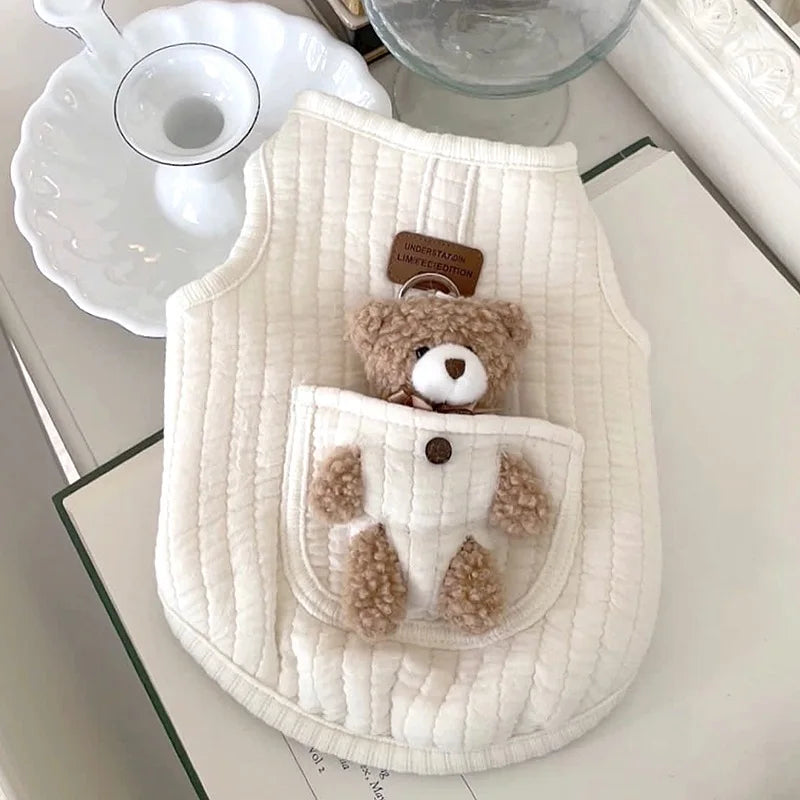 Winter New INS Cotton Dog Clothes Pocket Little Bear Cotton Jacket Vest Chest Back Pet Dog Cat Warm Printed Bear Sleeveless