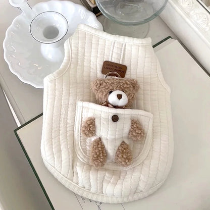 Winter New INS Cotton Dog Clothes Pocket Little Bear Cotton Jacket Vest Chest Back Pet Dog Cat Warm Printed Bear Sleeveless