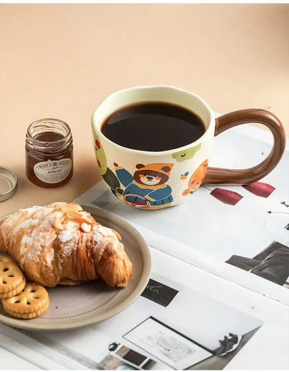 350ML Cartoon Hand Painted Bunny bear Coffee Cups Irregular Ceramic Mug Large Handle Home Office Milk Water Cup Kid's Gifts