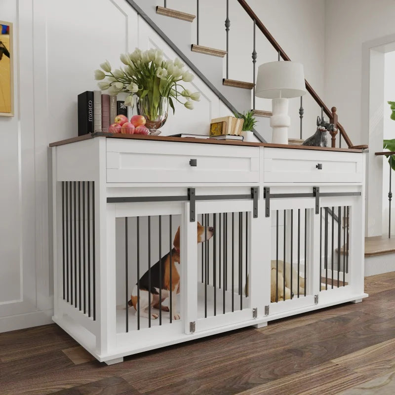 the DOG SPACE - 63 Inch Wooden Double Dog Crate with 2 Drawers and Sliding Door
