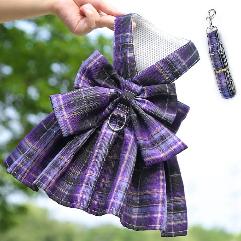 Reusable with Leash Traction Dog Plaid JK Dress Thin Dacron Pet Harness Skirt Washable Comfortable Dog Bow Skirt Puppy