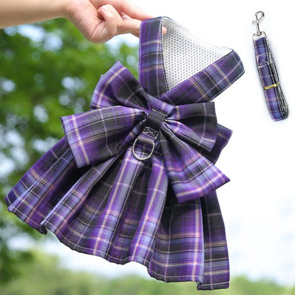 Reusable with Leash Traction Dog Plaid JK Dress Thin Dacron Pet Harness Skirt Washable Comfortable Dog Bow Skirt Puppy