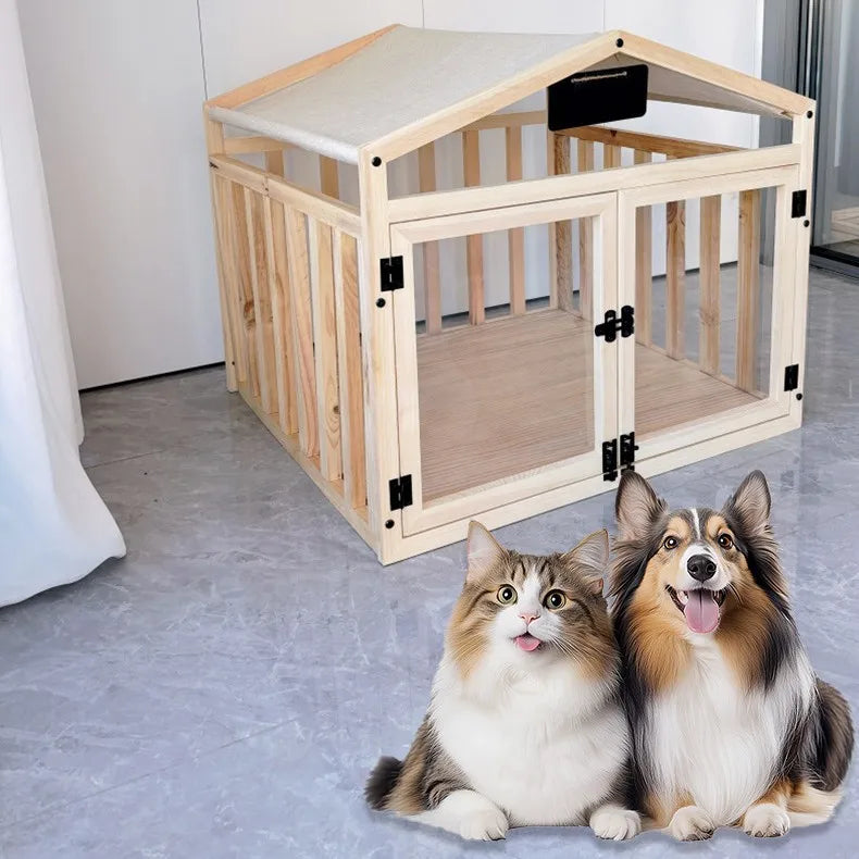 the WOODEN DOGHOUSE - Doghouse, Dog Cage, Wooden Enclosed Pet Fence for Small/Medium/Large Dogs, Indoor/Outdoor Kennel, Playpen Barrier