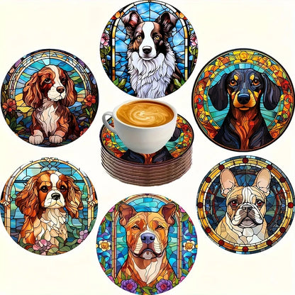 6/8pcs 2D single-sided dog pattern heat resistant non-slip round wooden coaster perfect family afternoon tea coffee shop Gifts