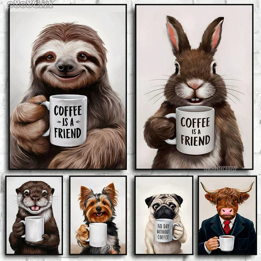 Funny Wall Art Pictures Animal Coffee Portrait Posters Canvas Print Art Sloth Pug Dog and Coffee Mural Cute Home Decor Painting