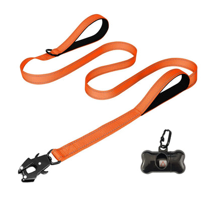 the COMMANDPRO REFLECTIVE LEASH - Heavy Duty Dog Leash - Nylon Reflective with Soft Padded 2 Handle & Auto Lock, Frog Clip, Outdoor Dog Leash with a Dog Poop Bag