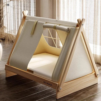 the POW-WOW PET BED - Wooden Oxford Cloth Dog Bed, Elevated Moisture-Proof Tent, Enclosed Safety House All-Season Dog Shelter with Frame Support