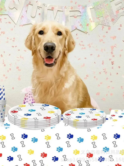 10pcs Pet Paw Print Disposable Tableware Puppy Dog Bones Paper Plates Napkin Cup Happy Pet Dogs Birthday Party Supplies