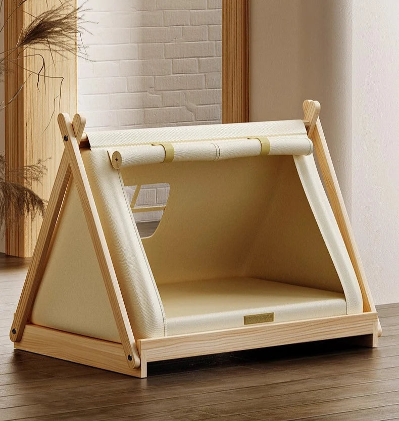 Indoor Dog Tent Pine Wood Dogs Tents Beds Cushion Removable Breathable Dog House Closed Moisture-proof Pet Cat Double Door Tent