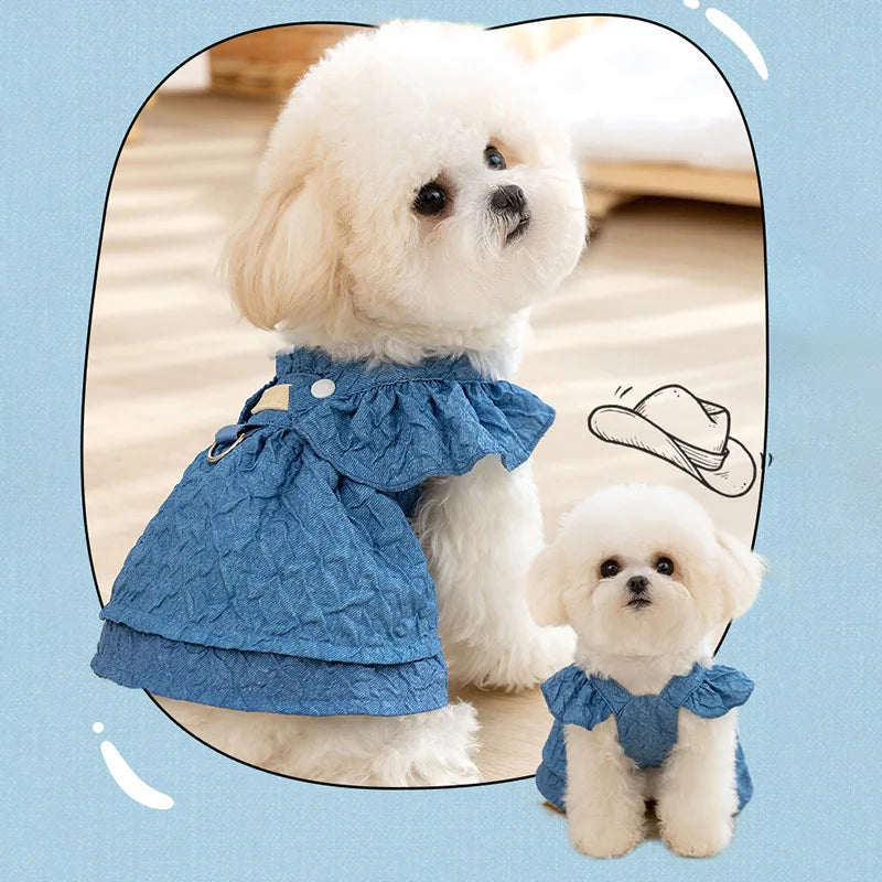 Denim Dog Dresses for Small Dogs, Puppy Girl Clothes with Leash Ring, Flying Sleeves, Summer Cat Apparel, Blue Chihuahua Outfits
