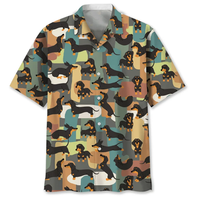 the DACHSHUND DOG DAY - Cartoon Dachshund Dog 3D Printed Shirt for Men, Animal Pets Graphics Short Sleeves Hawaiian Shirts, Tops Loose Lapel Blouse
