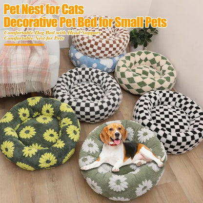 Round Dog Bed with Raised Edges Plush Round Donut Cat Nest with Anti-slip Bottom Cozy Pet Bed for Small Dogs for Warmth for Cats