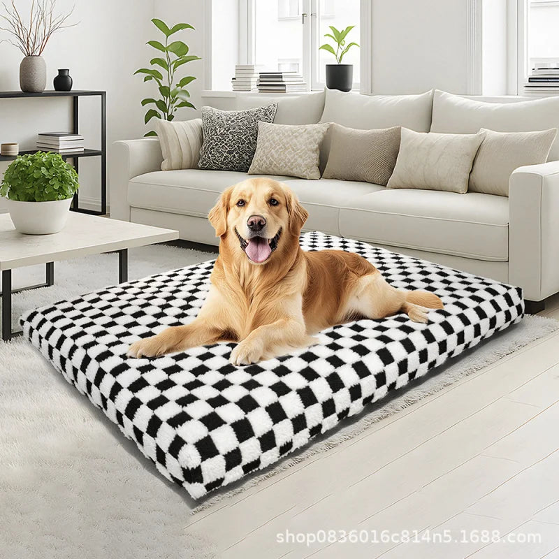 All-Season Checkerboard Dog Bed Mat - Waterproof, Washable Flannel Pet Pad for Crate, Sofa & Car