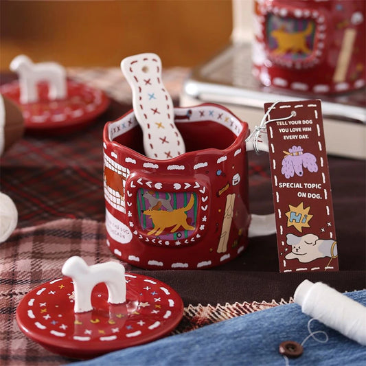 the LUCKYPAW CHRISTMAS MUG - Cartoon Cute Ceramic Mug, Dog Red Cup Lid, Creative Christmas Water Cup, Kitchen Accessories, Coffee Cup, Dust Cover Holiday Gift