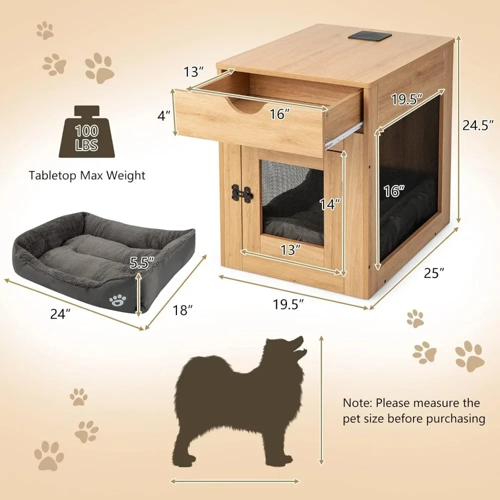 the DOG NIGHTSTAND - Dog Crate Furniture with Wireless Charging Function & USB Ports, Furniture Style Small Dog Crate, End Table with Drawer & Removable