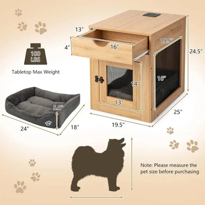 the DOG NIGHTSTAND - Dog Crate Furniture with Wireless Charging Function & USB Ports, Furniture Style Small Dog Crate, End Table with Drawer & Removable