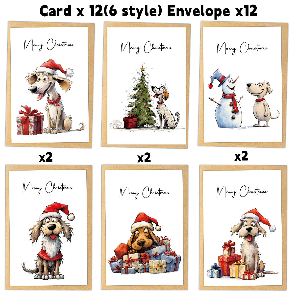 12pcs Christmas Greeting Cards With Envelope-Cute Dog,Snowman,Xmas Thank You Card,Handwritten Christmas Message For Mailing Gift