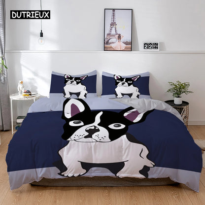 the PRINTED PET DUVET - 3D Dog Bedding Set, Cute French Bulldog Puppy Duvet Cover Sets, Cartoon Bed Cover, Pet Animals Home Textiles, Queen 2/3Pcs King Full