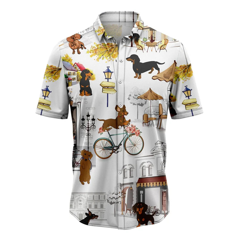 the HAWAIIAN DOG-O - Funny Dachshund Pattern Hawaiian Shirts, Summer Casual Short Sleeve Cute Dog 3D Printed Shirt, Loose Breathable Vacation Blouses