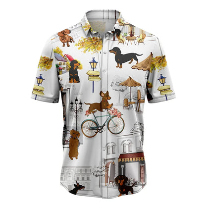 the HAWAIIAN DOG-O - Funny Dachshund Pattern Hawaiian Shirts, Summer Casual Short Sleeve Cute Dog 3D Printed Shirt, Loose Breathable Vacation Blouses
