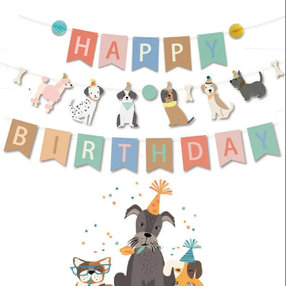 Dog Birthday Party Supplies Banner Flags Pet Dog Cupcake Toppers Dog Face Cake Toppers Puppy Theme Birthday Party Balloon Decor
