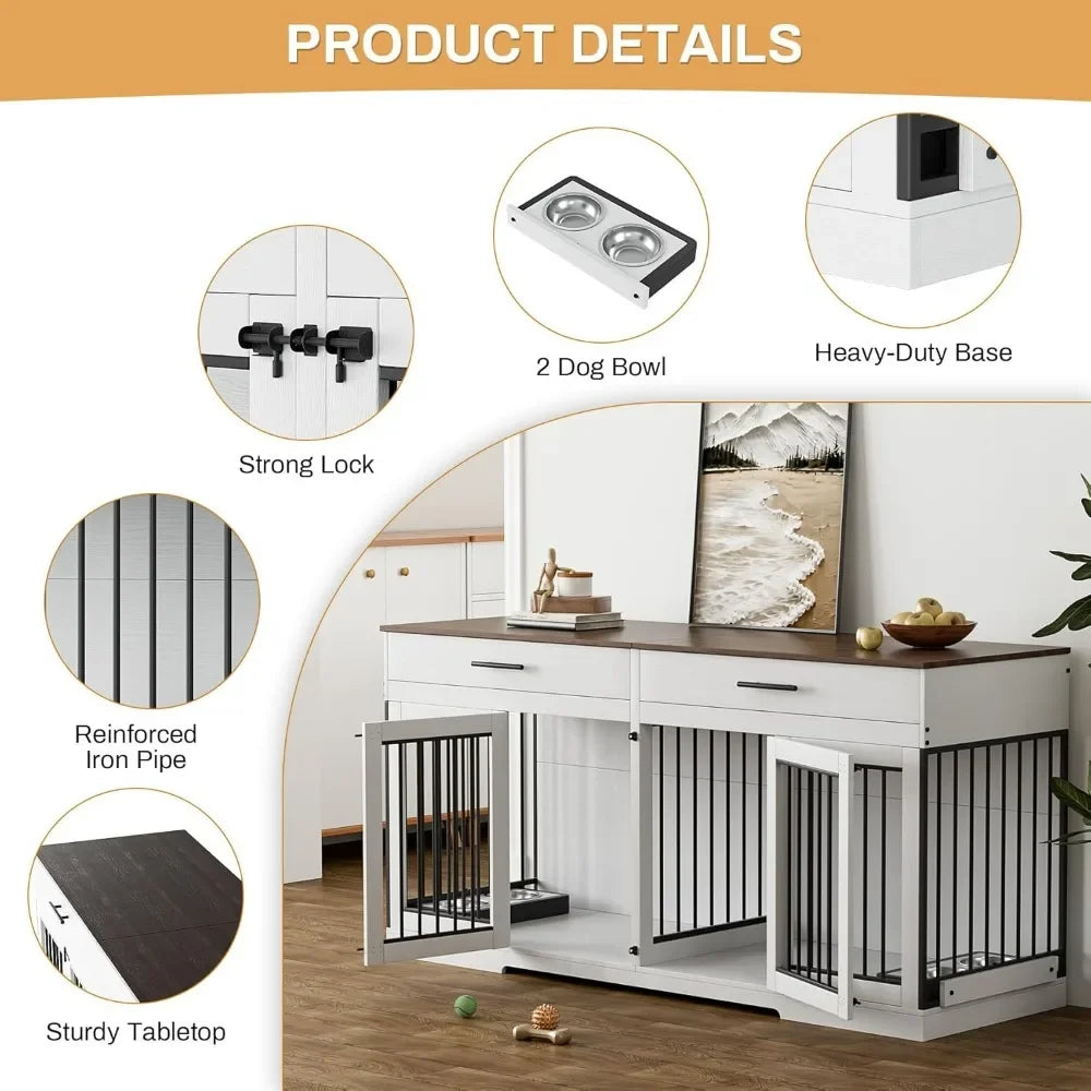 Dog Crate Furniture, 72.05 Inch Wooden Large Dogs Kennel with 2 Drawers & Dogs Bowls, Dog Cage  with Double Doorss & Divider