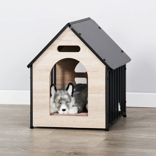 the HAPPY DOGGY - Modern Luxury Wooden Doghouse, Pet Kennel and Dog/Cat Nest with Animal Pattern, Metal Material