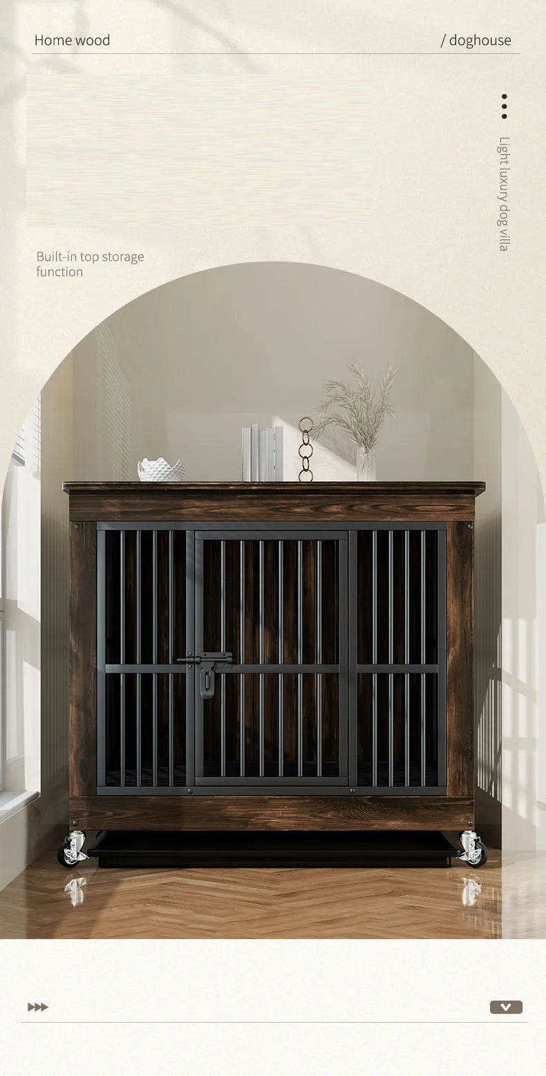 Reinforced Anti-Biting Dog Kennel Sturdy and Durable Wooden Round Pipe Dog Cage with Detachable Wheels Pet Bed