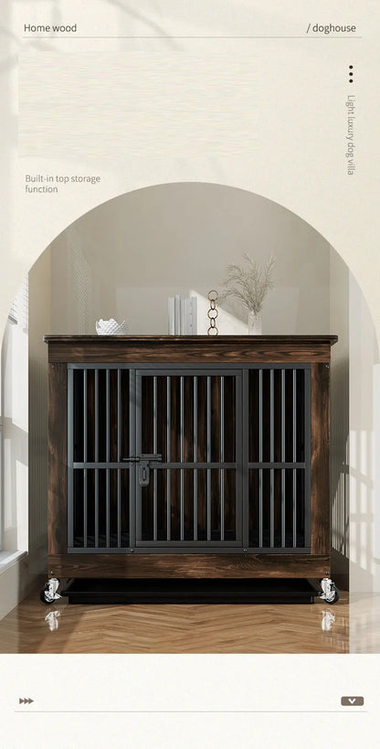 Reinforced Anti-Biting Dog Kennel Sturdy and Durable Wooden Round Pipe Dog Cage with Detachable Wheels Pet Bed