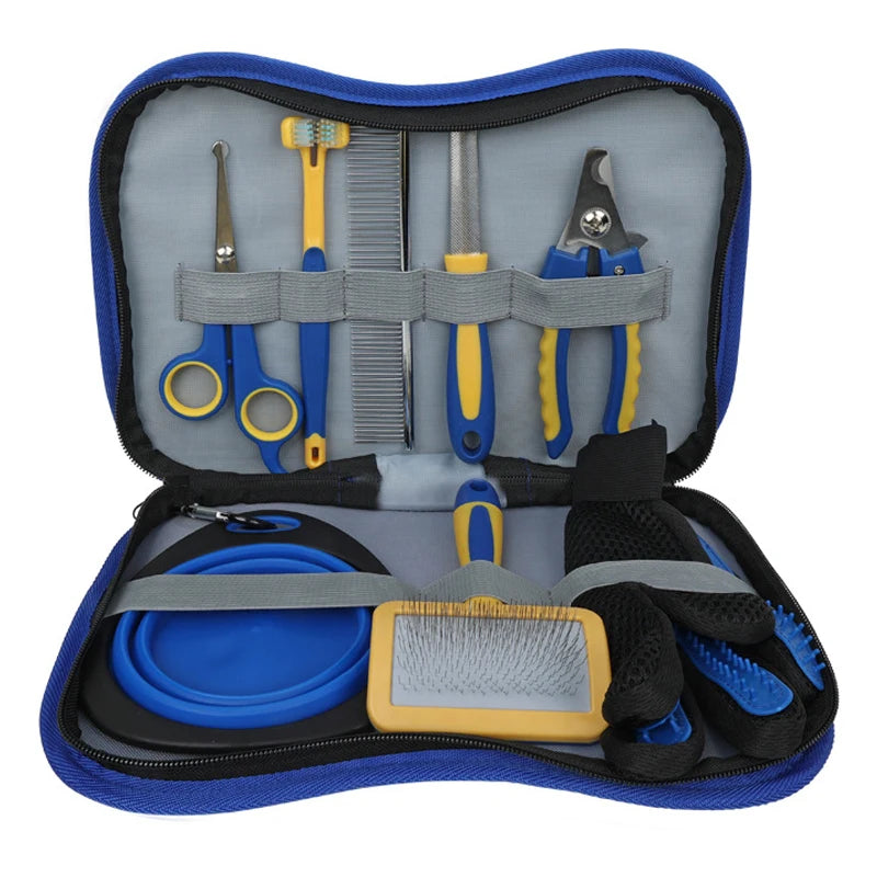 the GROOMING & BEAUTY KIT - 8PCS Complete Grooming Pet Brush Beauty Kit, Cleaning Brush Storage Bag, Dogs Nail Clipper - Flea Comb Cat Hair Removal Brush Kits