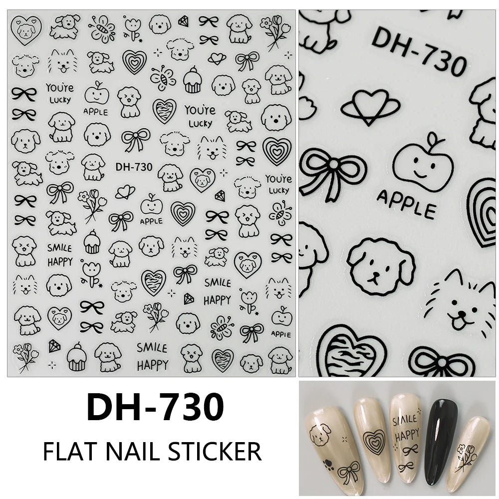 3D Flat Cute Cartoon Nail Stickers Doodle Cat Dog Heart Star Flower Nail Art Stickers Women DIY Manicure Decoration Decals