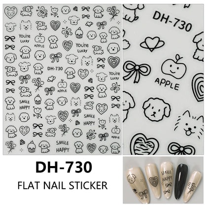 3D Flat Cute Cartoon Nail Stickers Doodle Cat Dog Heart Star Flower Nail Art Stickers Women DIY Manicure Decoration Decals