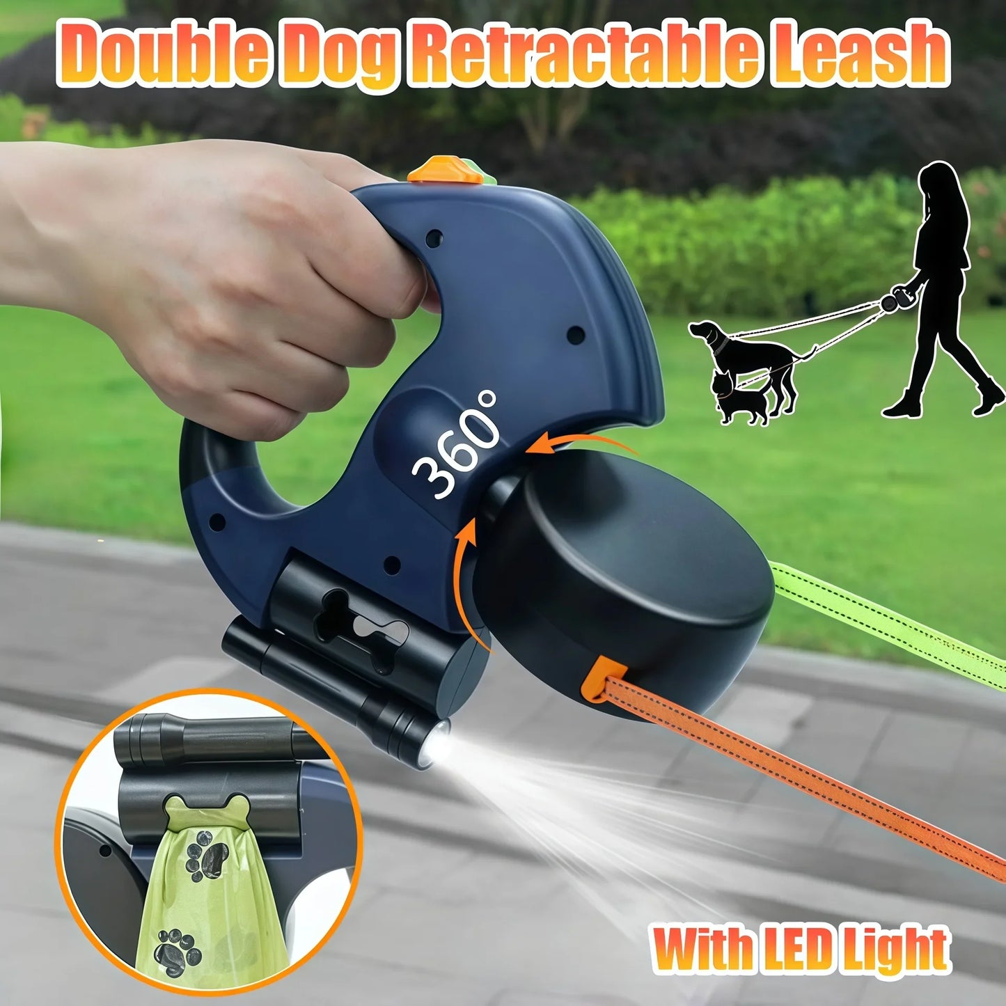 the NO-TANGLE LIGHTPATH LEASH - Premium 3M Retractable Double Dog Leash for Small Dogs, Reflective 360 Swivel No Tangle Walking Pet Lead with LED Lights