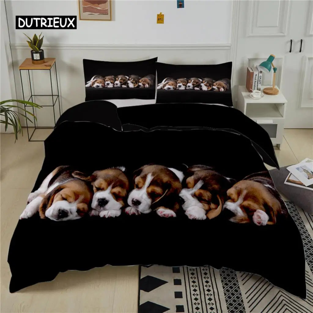 the PRINTED PET DUVET - 3D Dog Bedding Set, Cute French Bulldog Puppy Duvet Cover Sets, Cartoon Bed Cover, Pet Animals Home Textiles, Queen 2/3Pcs King Full