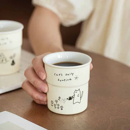 225ml High-quality Ceramic Mugs, Hand-held Cups,simple Cat Illustrations, Breakfast Milk Cups Family Afternoon Tea Cups As Gifts